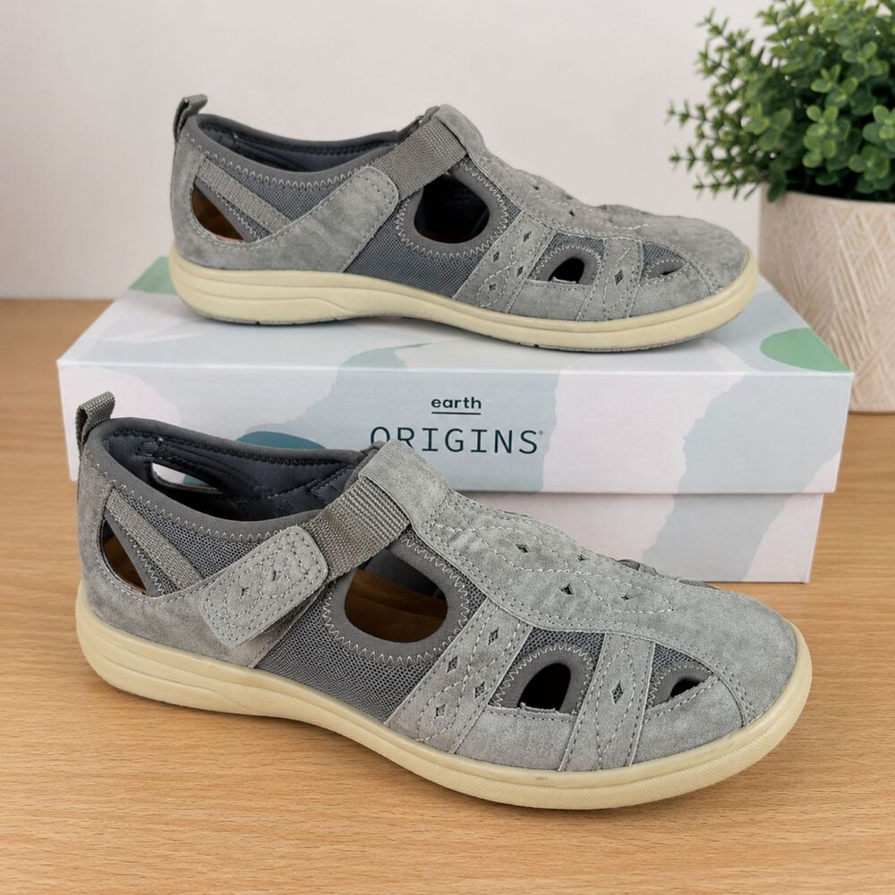 Earth Origins Effie Size 7 Gray Suede Mary Jane Comfort Walking Shoes Hook Loop
